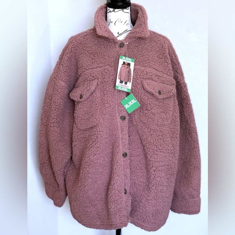 32 Degrees Heat XL/XXL Women's Mauve Pink Teddy Sherpa Button-Up Shacket NWT